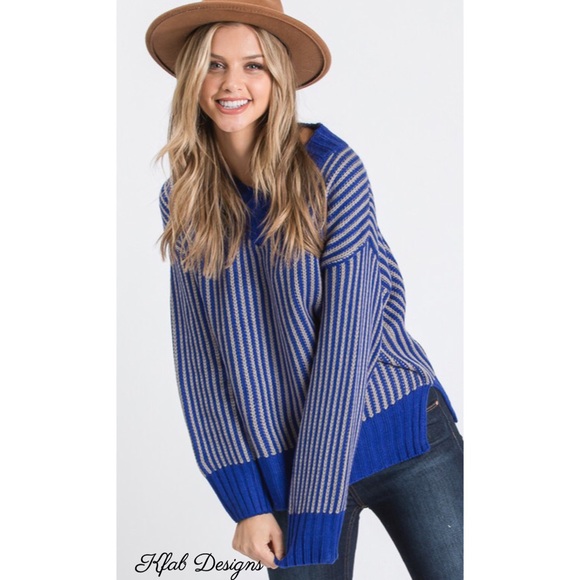 LAST! V Neck Royal Blue Contrast Vertical Stripe Sweater! - Picture 4 of 8